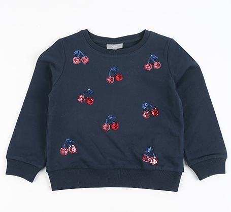 Donkerblauwe sweater met kersen in pailletten